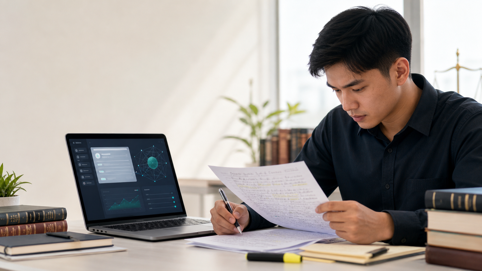Law student reviewing notes beside a laptop in a calm study workspace